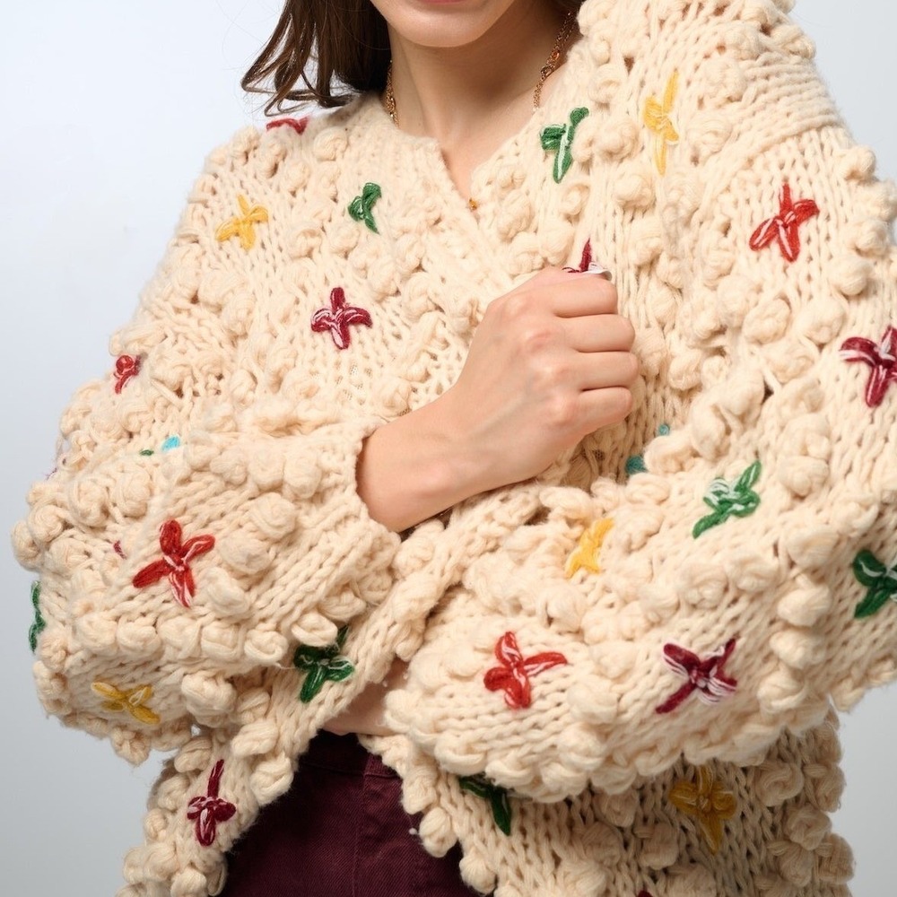 SAACHI Aria Popcorn Knit Chunky Cardigan Size L Cross Stitch Pom Pom Flowers - Picture 2 of 12